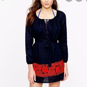 Navy blue linen dress with red embroidery